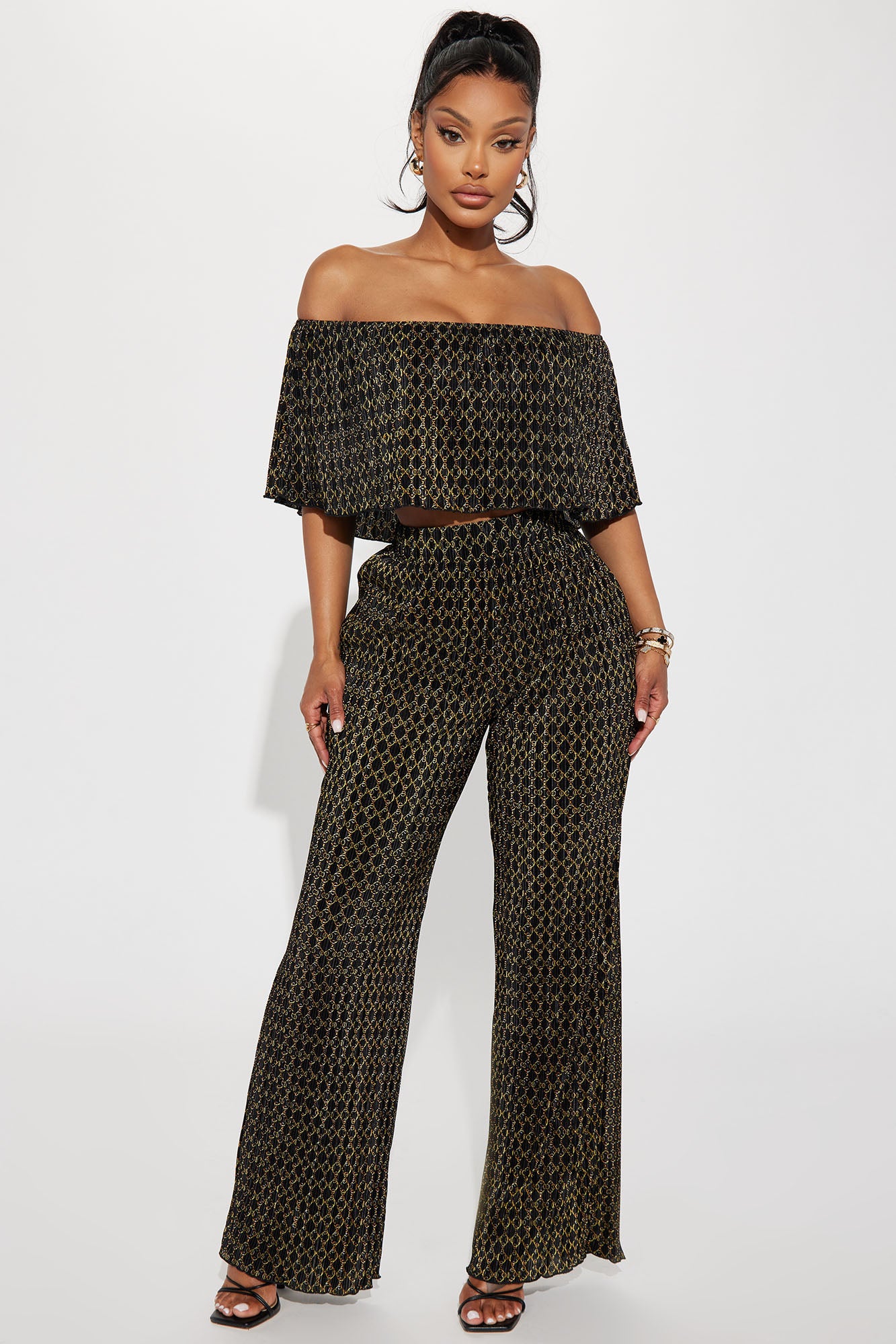 Estelle Plisse Pant Set - Black/Gold Online Now