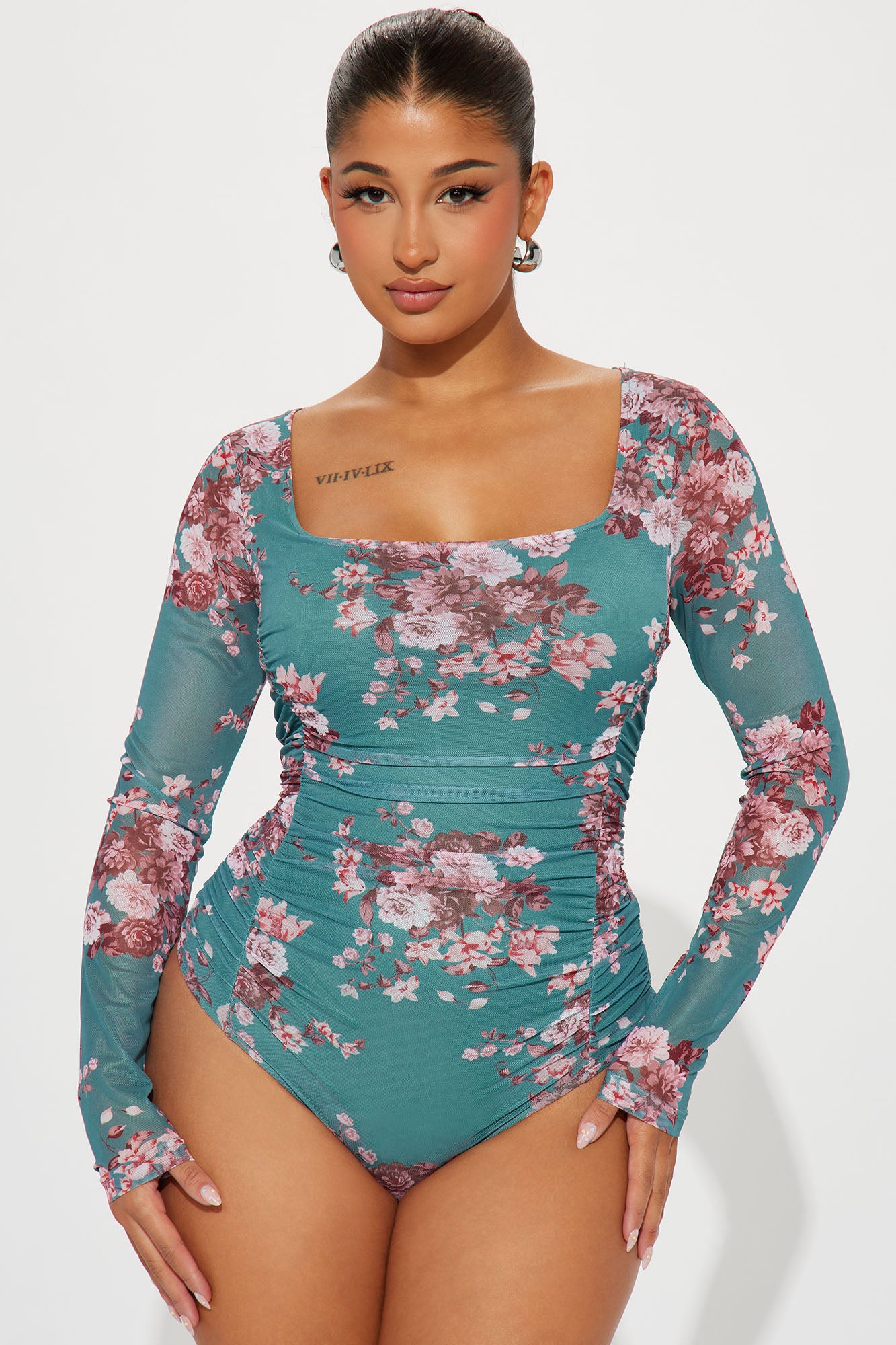 She Is Love Mesh Bodysuit - Green/combo Cheap